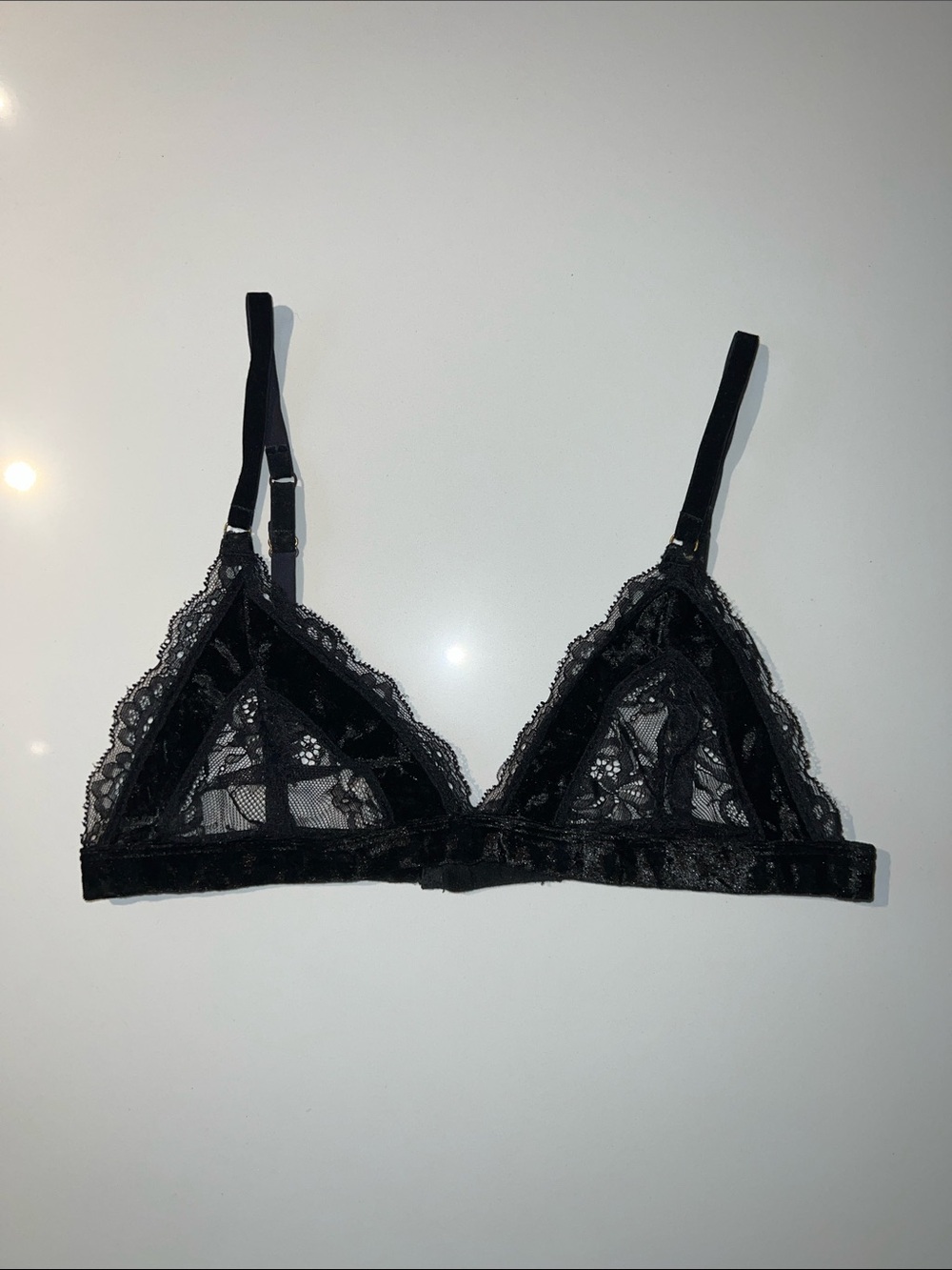 Sheer Black Velvet and Lace Triangle Bralette - Black. Size S (34 A/B)